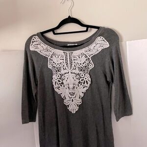 “Cha Cha Vente”Grey Crocheted front panel 3/4 sleeve top